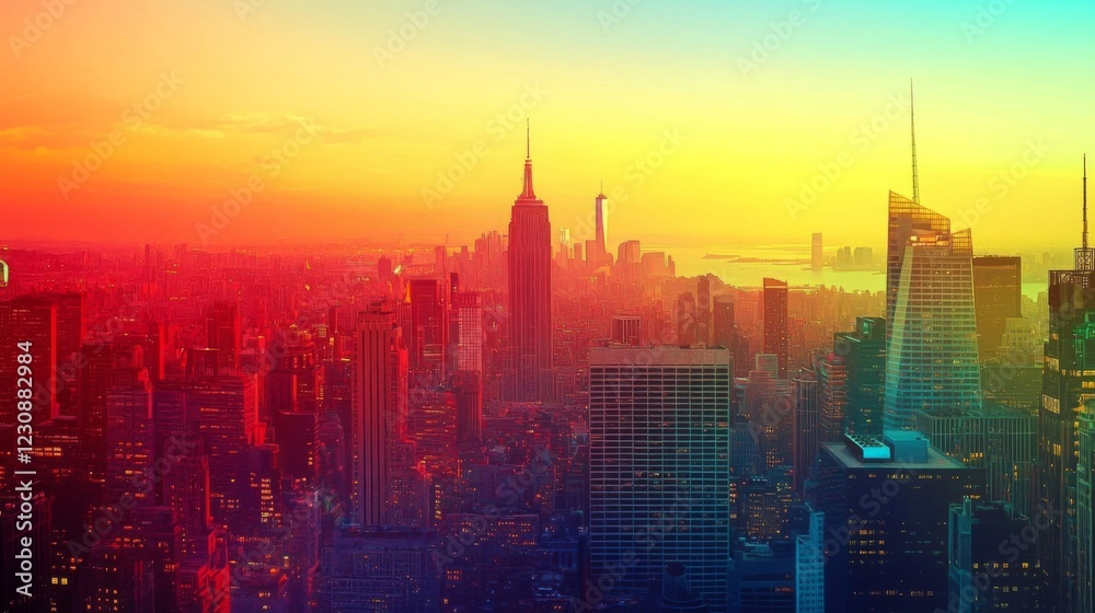 Fototapeta premium Vibrant City Skyline at Sunset with Colorful Sky and Highrise Buildings