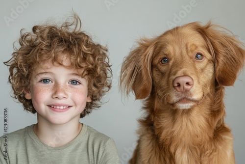 Smiling child and dog posing together for a portrait