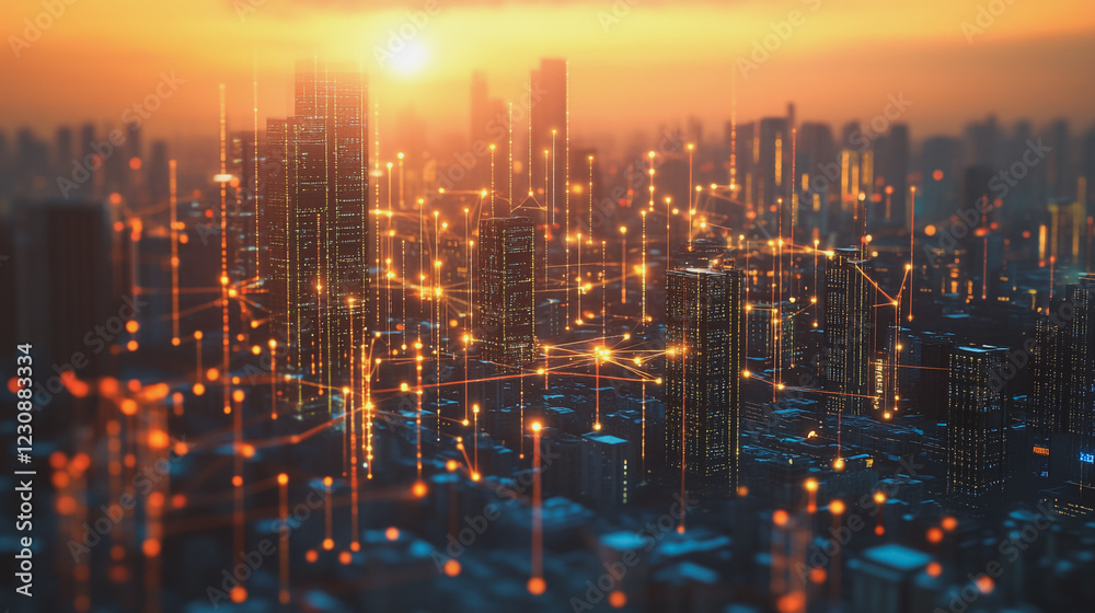 Abstract business man stands on Smart digital Innovation city with connection network reciprocity over the twilight cityscape. of future wireless digital city and social media networking systems Abstract business man stands on Smart digital Innovation city with connection network reciprocity over the twilight cityscape. of future wireless digital city and social media networking systems