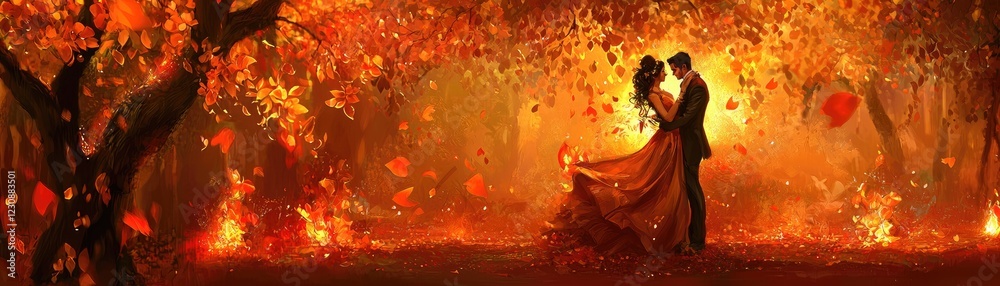 Autumn romance, couple embracing, fiery leaves, magical forest. Wedding, love Autumn romance, couple embracing, fiery leaves, magical forest. Wedding, love