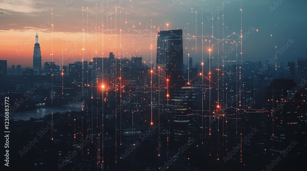 Fototapeta premium Abstract business man stands on Smart digital Innovation city with connection network reciprocity over the twilight cityscape. of future wireless digital city and social media networking systems