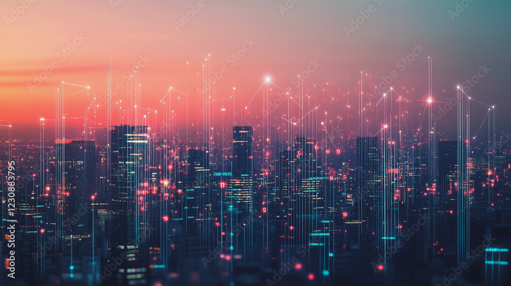 Abstract business man stands on Smart digital Innovation city with connection network reciprocity over the twilight cityscape. of future wireless digital city and social media networking systems Abstract business man stands on Smart digital Innovation city with connection network reciprocity over the twilight cityscape. of future wireless digital city and social media networking systems
