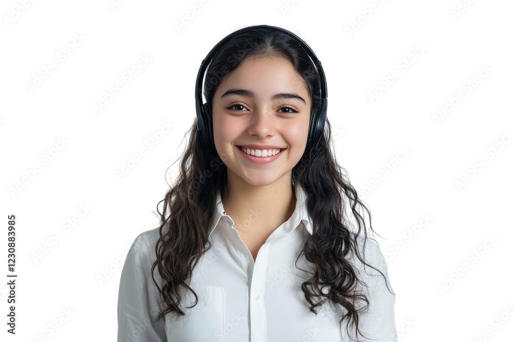 Young Woman Smiling While Wearing a Headset on a Transparent Background Ready for Communication and Collaboration Young Woman Smiling While Wearing a Headset on a Transparent Background Ready for Communication and Collaboration