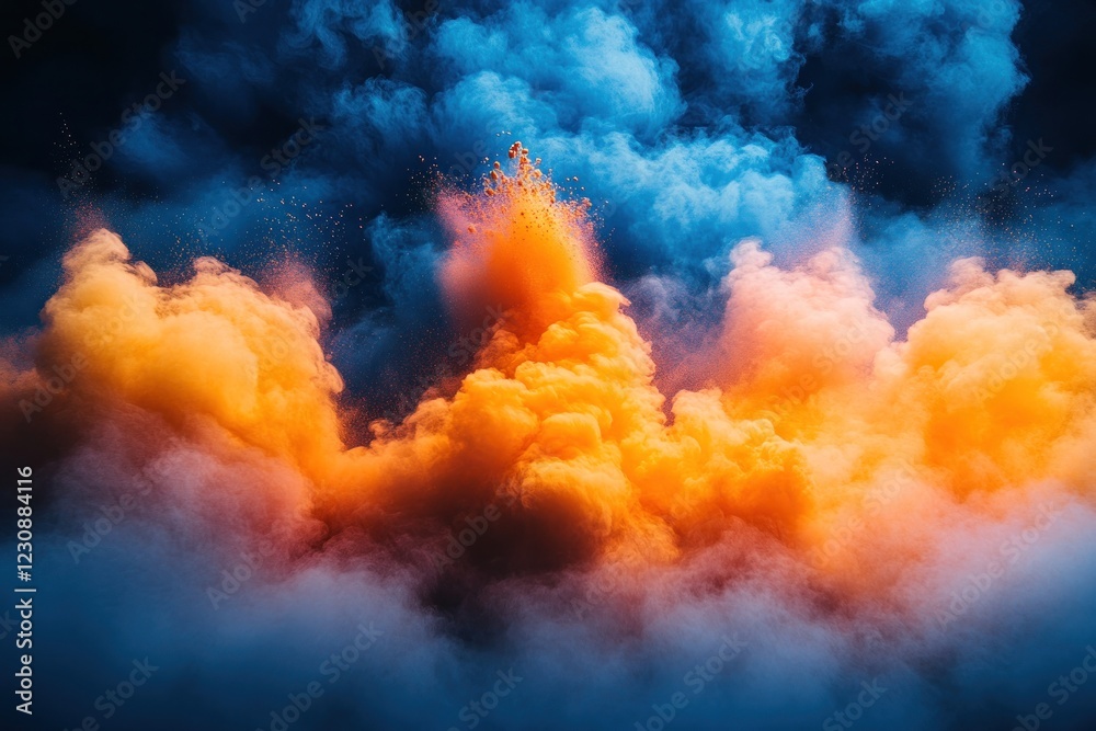 Vibrant explosion of colorful smoke against dark background Vibrant explosion of colorful smoke against dark background