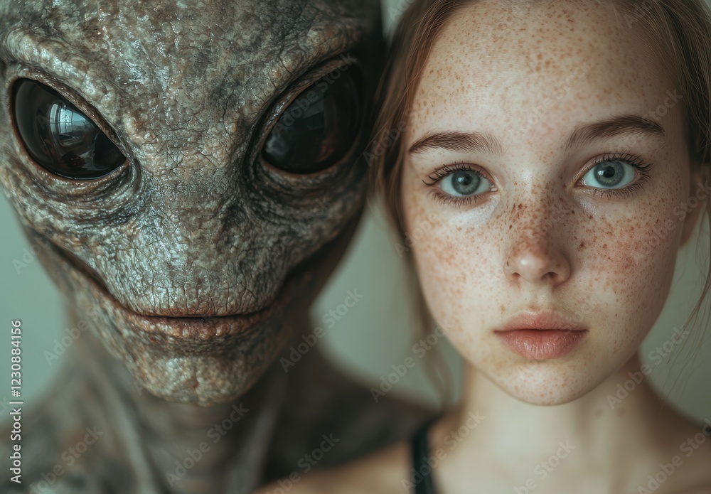 Closeup portrait of a girl with freckles next to an alien Closeup portrait of a girl with freckles next to an alien