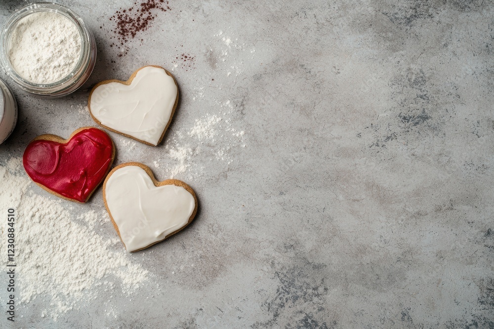 Obraz premium Heart-shaped cookies with red and white icing on a gray background