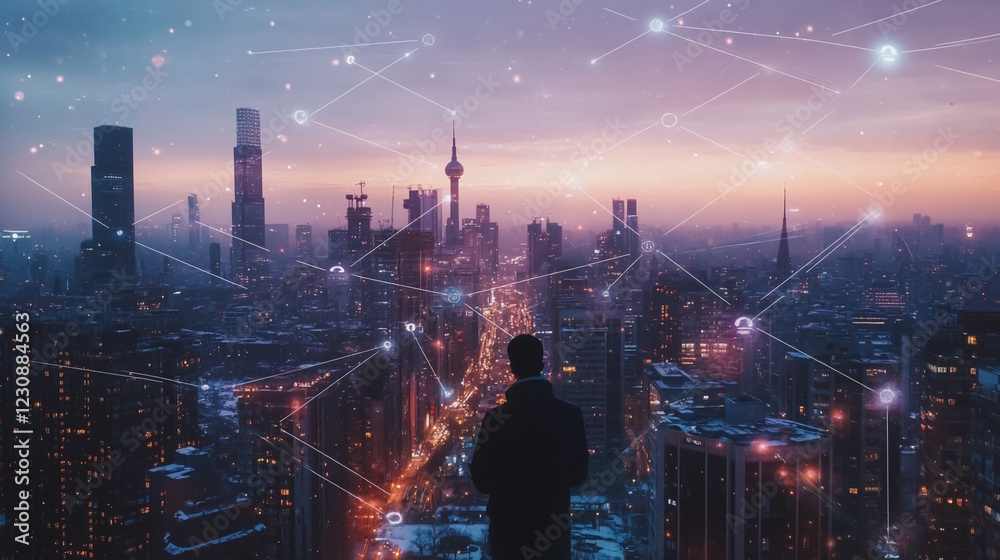 Fototapeta premium Abstract business man stands on Smart digital Innovation city with connection network reciprocity over the twilight cityscape. of future wireless digital city and social media networking systems