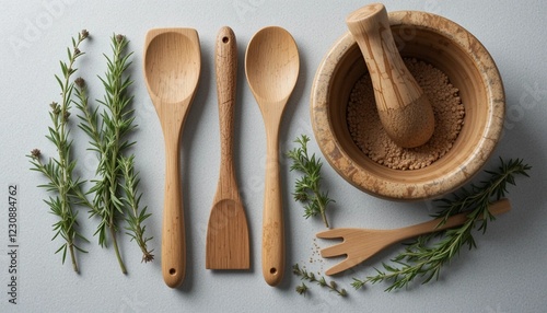 Set of Raw Kitchen Essentials with Wooden Utensils and Fresh Herbs on Light Gray Background photo