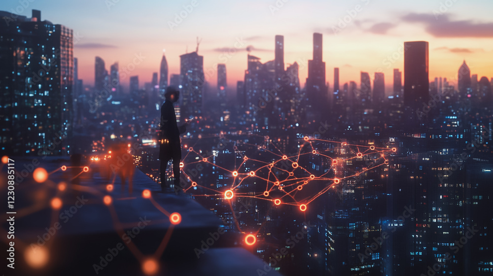 Fototapeta premium Abstract business man stands on Smart digital Innovation city with connection network reciprocity over the twilight cityscape. of future wireless digital city and social media networking systems
