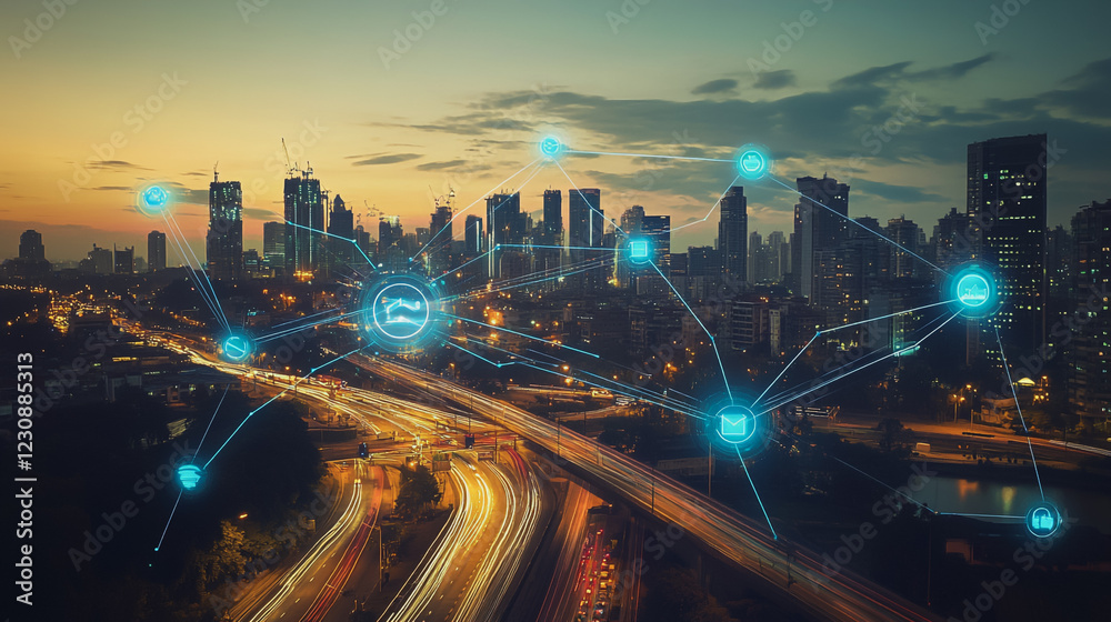 Fototapeta premium Abstract business man stands on Smart digital Innovation city with connection network reciprocity over the twilight cityscape. of future wireless digital city and social media networking systems