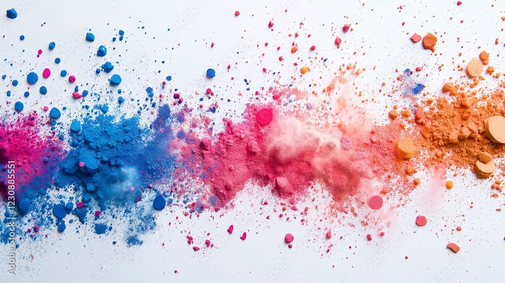 A dynamic explosion of bright, scattered Holi powders in blue, pink, and red, representing the joy and vibrancy of the Holi festival. A dynamic explosion of bright, scattered Holi powders in blue, pink, and red, representing the joy and vibrancy of the Holi festival.