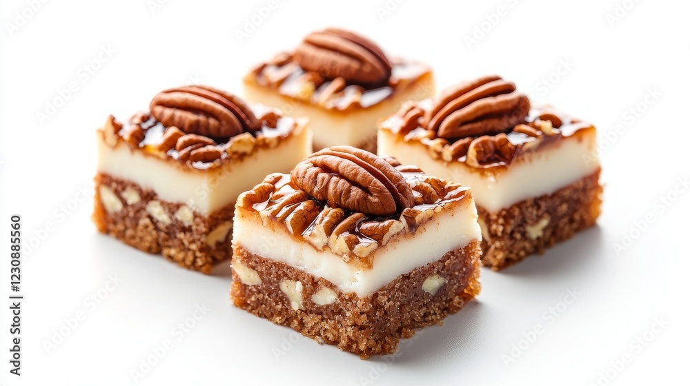 Close-up of a maple pecan bar slice, sweet treat detail, macro photography, golden-brown textures, syrupy pecan topping, isolated on white background Close-up of a maple pecan bar slice, sweet treat detail, macro photography, golden-brown textures, syrupy pecan topping, isolated on white background