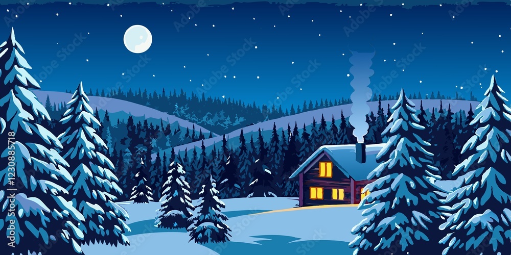 Naklejka premium Serene Winter Night Landscape with Snowy Pine Trees and a Cozy Cabin Under a Full Moon