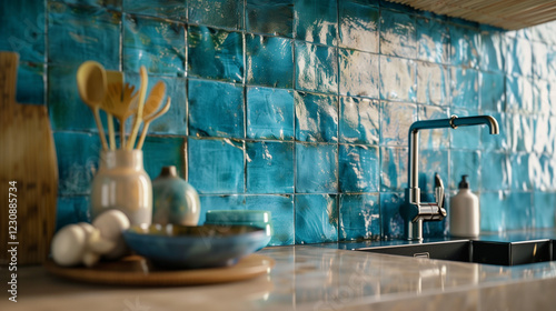 Zellige ceramic tile wall at kitchen, decoration, interior design, apartment renovation, sink 