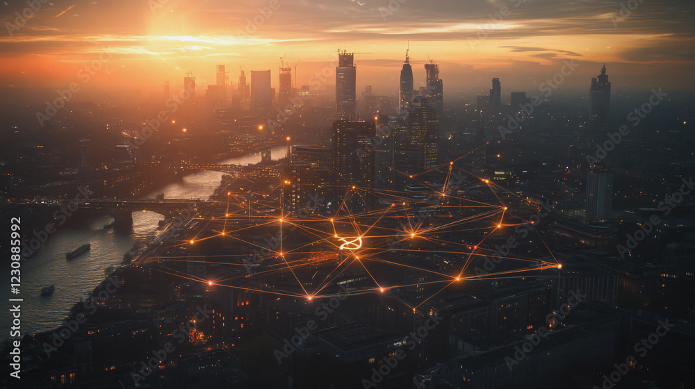 Fototapeta premium Abstract business man stands on Smart digital Innovation city with connection network reciprocity over the twilight cityscape. of future wireless digital city and social media networking systems