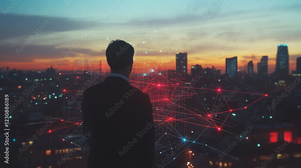 Abstract business man stands on Smart digital Innovation city with connection network reciprocity over the twilight cityscape. of future wireless digital city and social media networking systems Abstract business man stands on Smart digital Innovation city with connection network reciprocity over the twilight cityscape. of future wireless digital city and social media networking systems