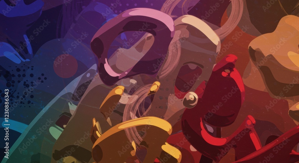 Fototapeta premium Abstract Orchestration: A kaleidoscope of abstract shapes and vibrant colors intertwines, creating a dynamic and visually captivating composition reminiscent of an orchestral performance.