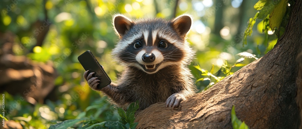 Fototapeta premium Playful raccoon holding smartphone in vibrant forest