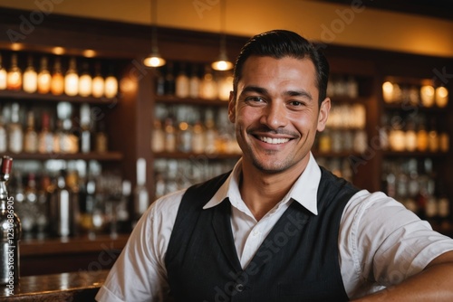 close portrait of a 40s smiling Tuvaluan male bartender against blurred bar background photo