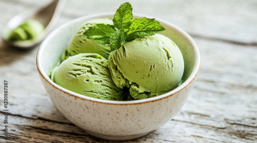 A refreshing green tea ice cream with a delicate swirl of matcha, served in a white bowl with a mint leaf on top, Ice cream bowl centered A refreshing green tea ice cream with a delicate swirl of matcha, served in a white bowl with a mint leaf on top, Ice cream bowl centered