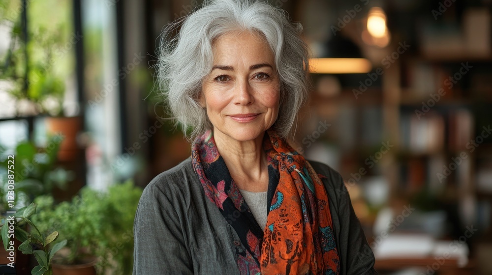 Mature woman smiling warmly in cozy library setting Mature woman smiling warmly in cozy library setting