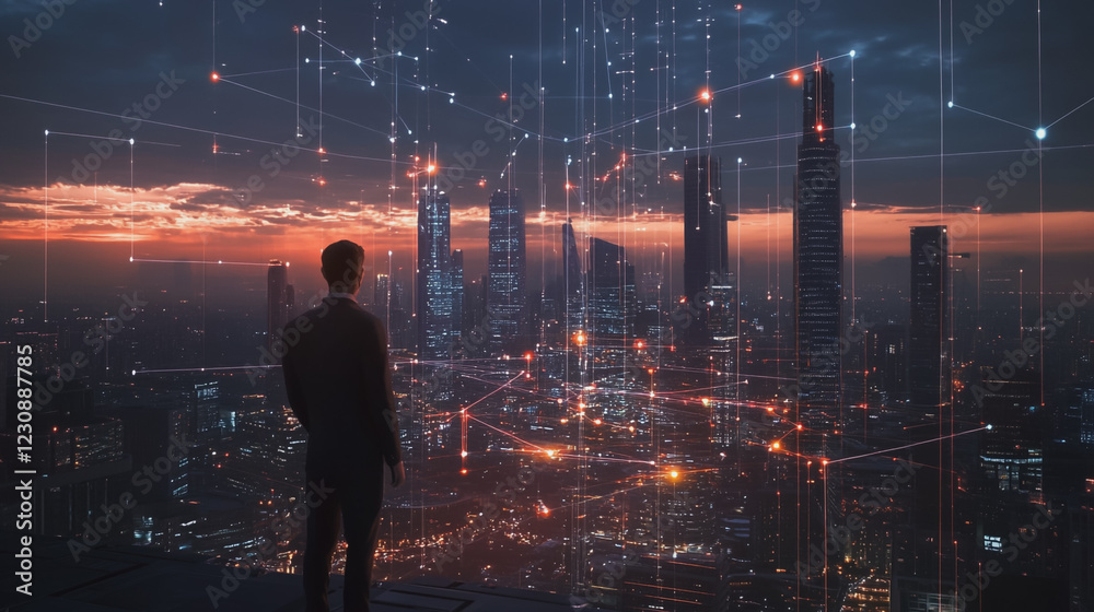 Fototapeta premium Abstract business man stands on Smart digital Innovation city with connection network reciprocity over the twilight cityscape. of future wireless digital city and social media networking systems