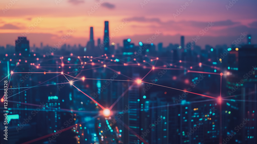 Obraz premium Abstract business man stands on Smart digital Innovation city with connection network reciprocity over the twilight cityscape. of future wireless digital city and social media networking systems