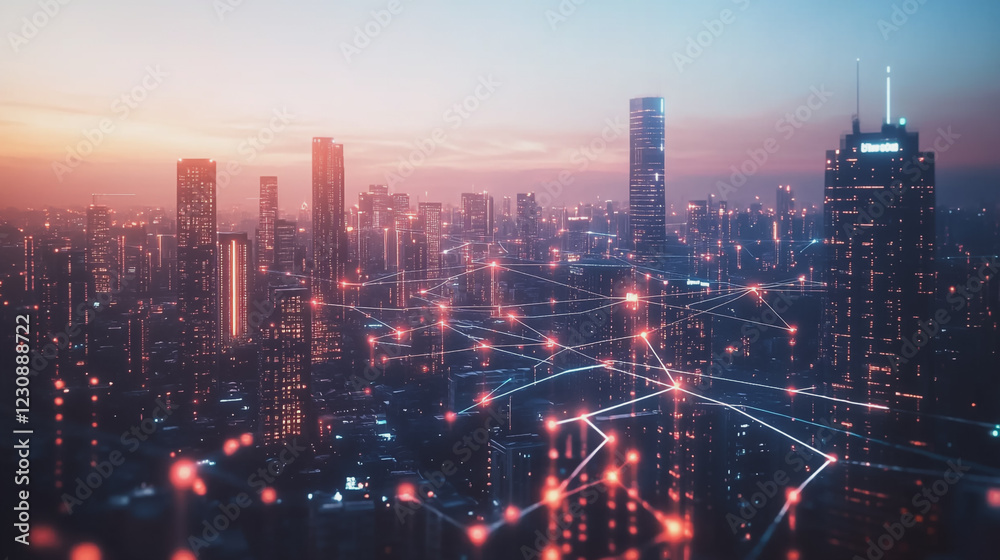 Fototapeta premium Abstract business man stands on Smart digital Innovation city with connection network reciprocity over the twilight cityscape. of future wireless digital city and social media networking systems