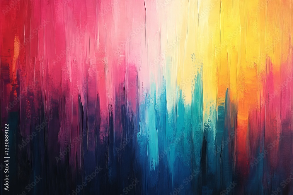 Vibrant abstract painting with bold, vertical brushstrokes in a spectrum of colors, from deep reds and blues to bright yellows. Vibrant abstract painting with bold, vertical brushstrokes in a spectrum of colors, from deep reds and blues to bright yellows.