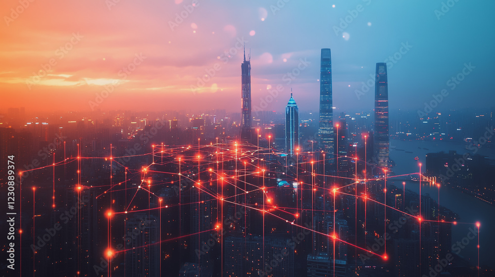 Fototapeta premium Abstract business man stands on Smart digital Innovation city with connection network reciprocity over the twilight cityscape. of future wireless digital city and social media networking systems