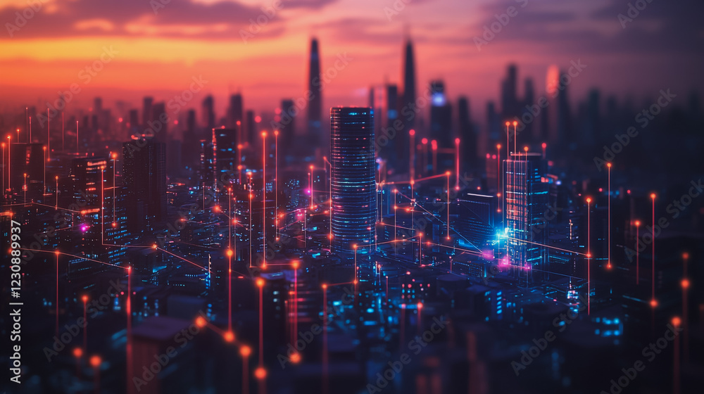 Fototapeta premium Abstract business man stands on Smart digital Innovation city with connection network reciprocity over the twilight cityscape. of future wireless digital city and social media networking systems