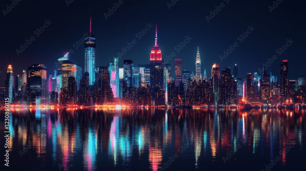 Fototapeta premium Night City Skyline Reflection Colorful Lights Vibrant Metropolis