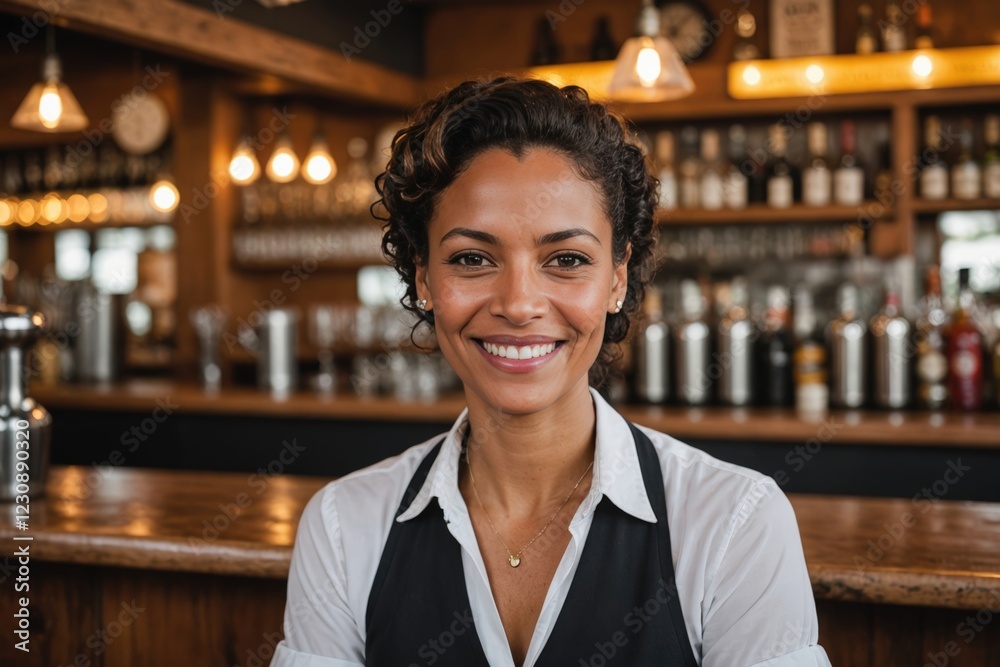 close portrait of a 40s smiling Cabo Verdean female bartender against blurred bar background close portrait of a 40s smiling Cabo Verdean female bartender against blurred bar background