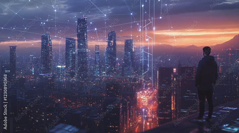 Abstract business man stands on Smart digital Innovation city with connection network reciprocity over the twilight cityscape. of future wireless digital city and social media networking systems Abstract business man stands on Smart digital Innovation city with connection network reciprocity over the twilight cityscape. of future wireless digital city and social media networking systems