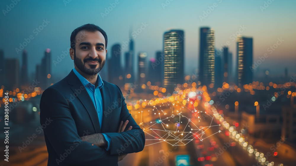 Fototapeta premium Abstract business man stands on Smart digital Innovation city with connection network reciprocity over the twilight cityscape. of future wireless digital city and social media networking systems