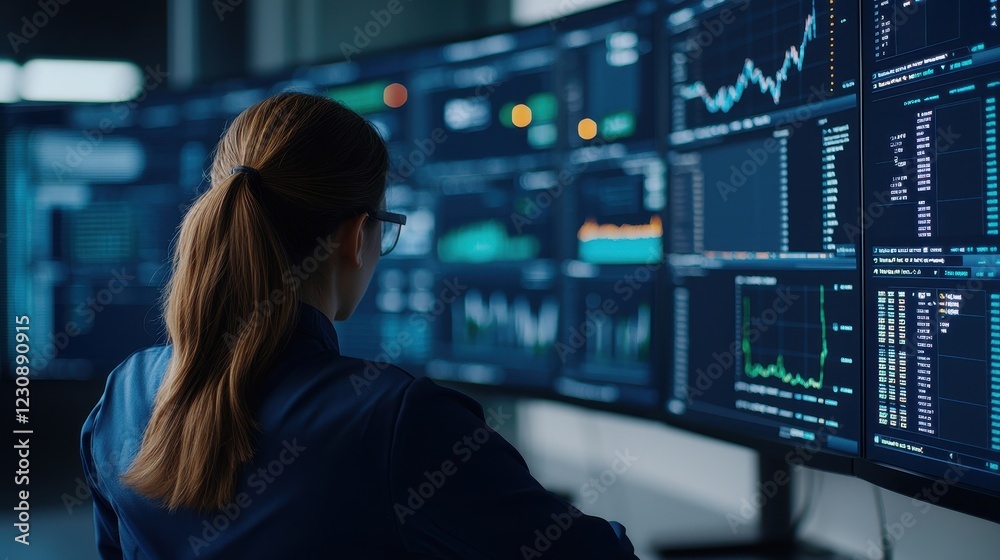 Female Analyst Observing Financial Data on Multiple Screens in Office Female Analyst Observing Financial Data on Multiple Screens in Office