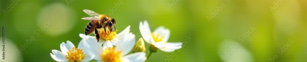Yellow and black bee hovering above white blooms, summer, bloom, botanical Yellow and black bee hovering above white blooms, summer, bloom, botanical