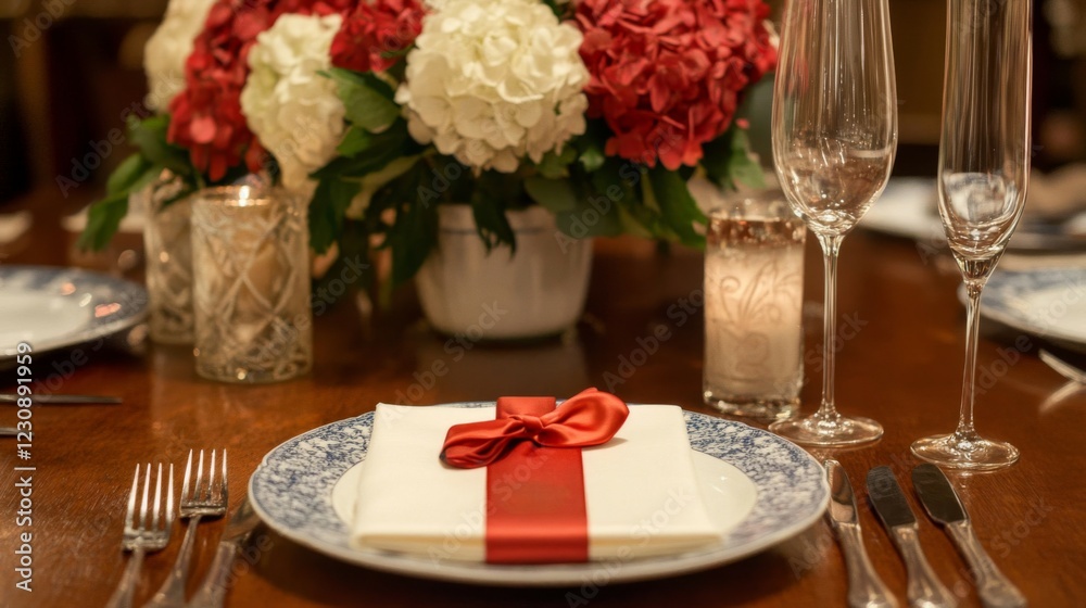 Elegant Red and White Table Setting with Hydrangeas Elegant Red and White Table Setting with Hydrangeas
