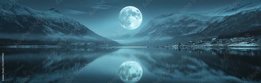Full moon over serene winter landscape reflecting in calm water Full moon over serene winter landscape reflecting in calm water