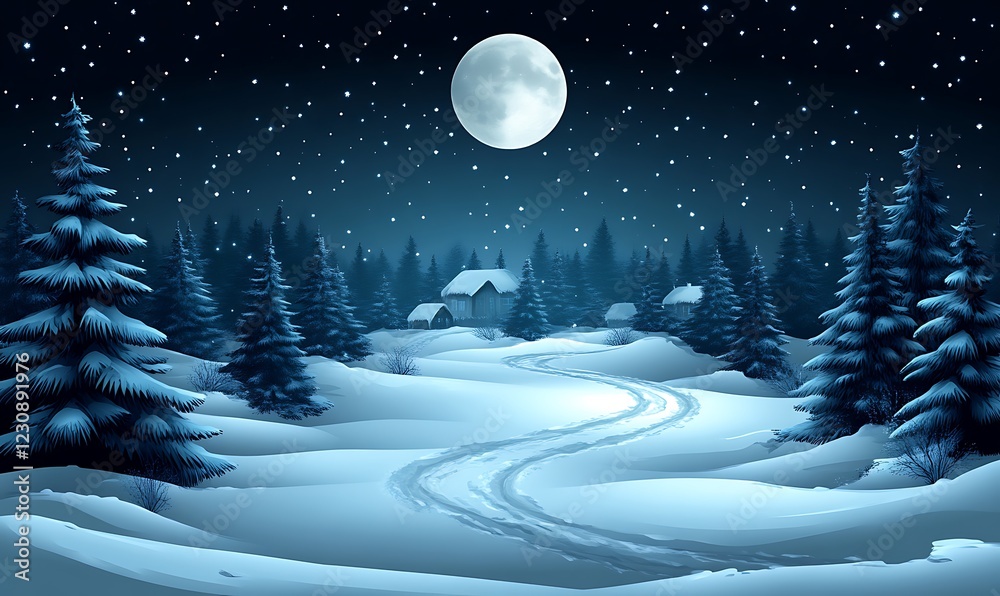Fototapeta premium Snowy Winter Village Night Scene with Full Moon