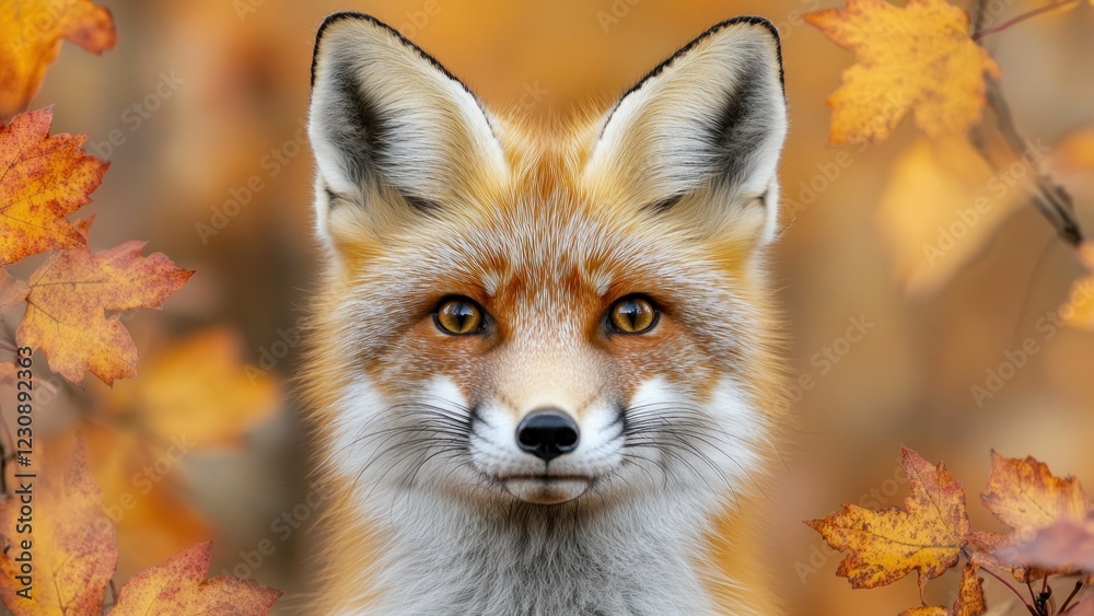 Obraz premium Close-up of fox surrounded by autumn leaves in nature