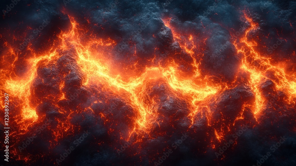 Fiery magma flows across dark volcanic landscape; background texture Fiery magma flows across dark volcanic landscape; background texture