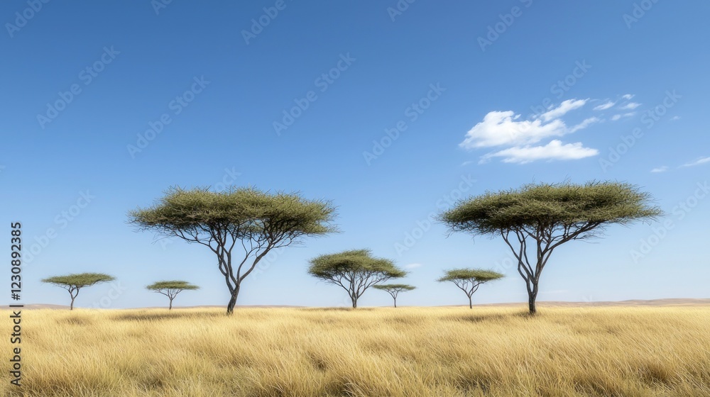 African Savanna Landscape with Acacia Trees Under a Blue Sky African Savanna Landscape with Acacia Trees Under a Blue Sky