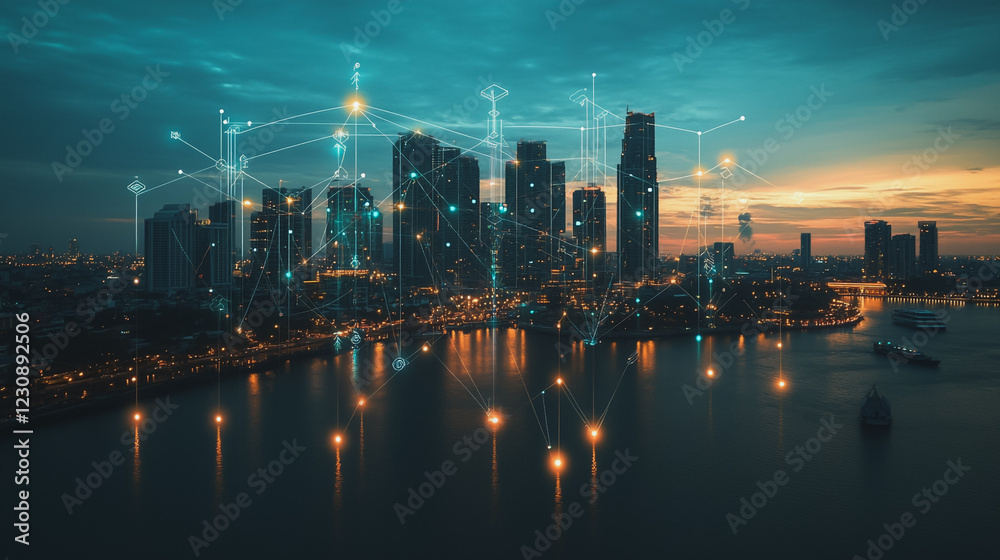 Naklejka premium Abstract business man stands on Smart digital Innovation city with connection network reciprocity over the twilight cityscape. of future wireless digital city and social media networking systems