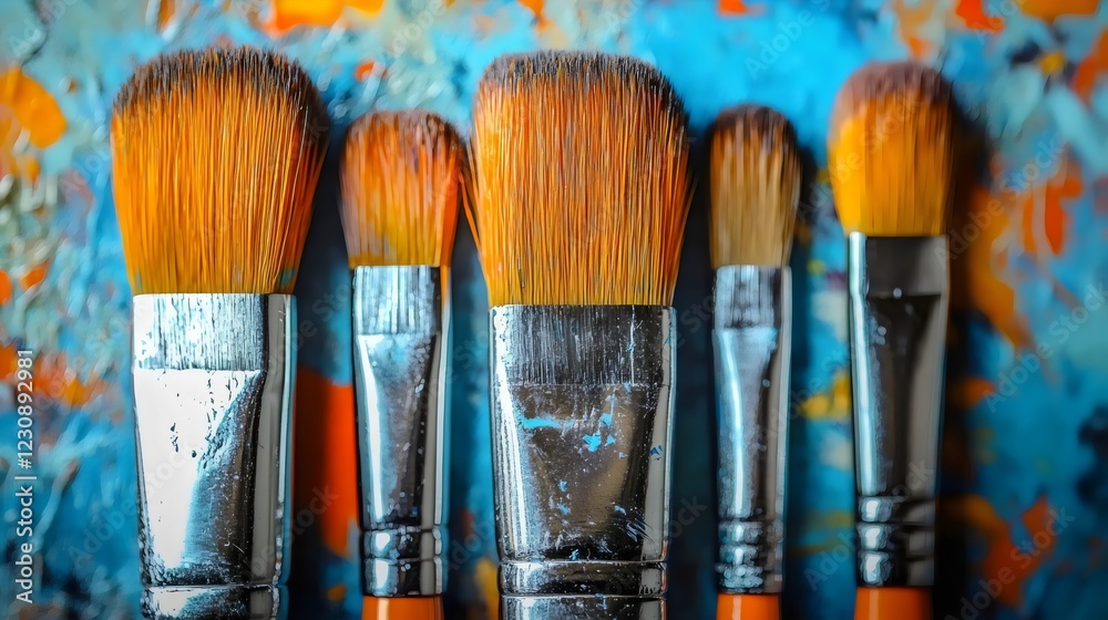 Fototapeta premium A group of paintbrushes are lined up on a blue background