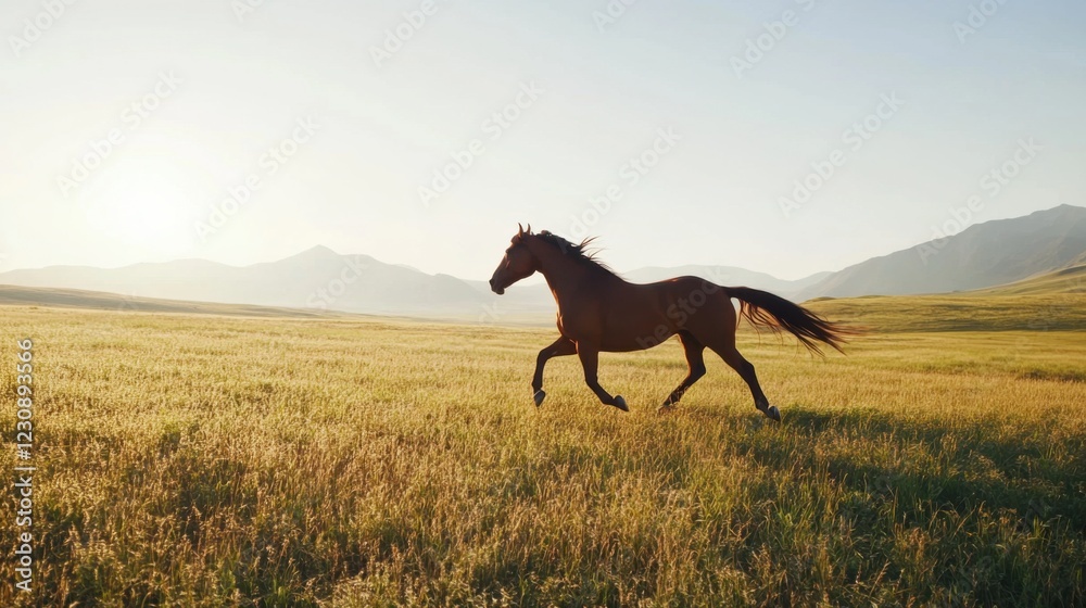 Majestic Horse Galloping Across Grassy Field with Mountain Backdrop: Open Fields and Clear Sky Creating a Dynamic and Grand Equestrian Scene, Perfect for Scenic Content