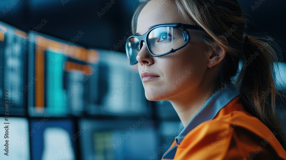 Focused Female Engineer Analyzing Data on High-Tech Display Monitor Focused Female Engineer Analyzing Data on High-Tech Display Monitor