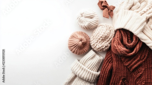 Cozy winter apparel including knitted hats and a scarf arranged on a white background photo