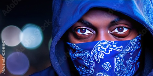 gangster rapper wearing blue bandana  photo