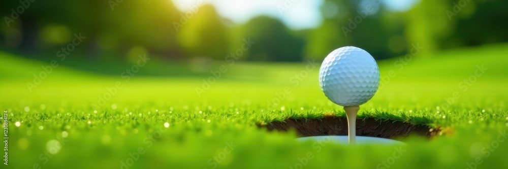 Golf ball precariously perched on hole's edge , green, putting, lip Golf ball precariously perched on hole's edge , green, putting, lip